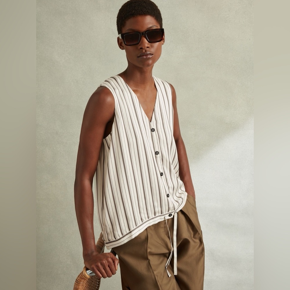 REISS FRANCIE
STRIPED DRAWSTRING HEM WAISTCOAT IN IVORY/GREY (T2)